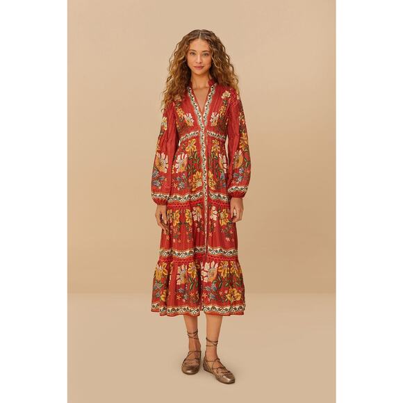 $350 NWT FARM RIO Garden Delight Red Fall Floral Midi Dress – Medium - Picture 7 of 15